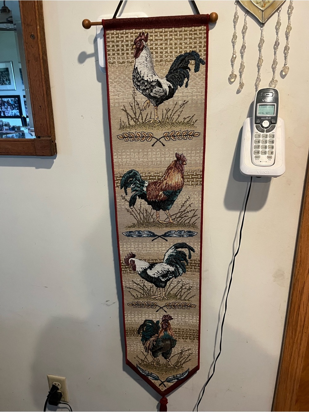 Rooster Wall Hanging Tapestry with Red Trim